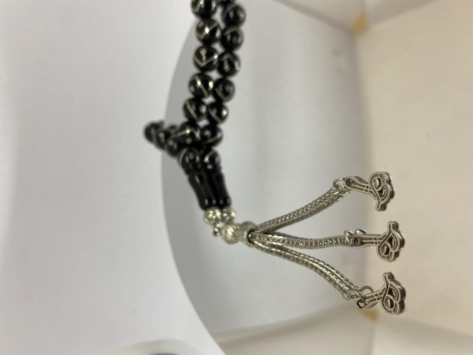 Tesbih TSBH0086BC Kararmaz Metal Püsküllü Prinç İşlemeli Küre Kesim Rus Oltu Tesbih