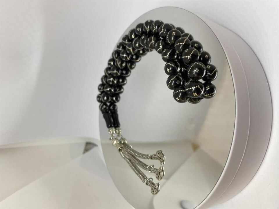 Tesbih TSBH0086BC Kararmaz Metal Püsküllü Prinç İşlemeli Küre Kesim Rus Oltu Tesbih