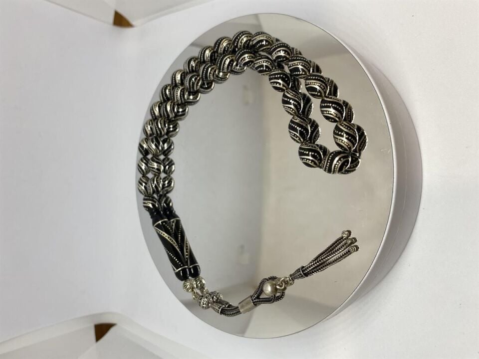 Tesbih TSBH0105BC 925 Ayar Gümüş Püsküllü Yoğun Gümüş İşlemeli Beyzi Kesim Usta El İşçilikli Erzurum Oltu Tesbih