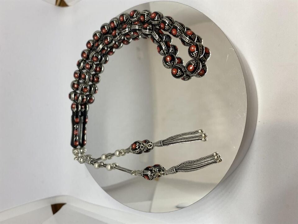 Tesbih TSBH0109BC 925 Ayar Gümüş Püsküllü Gümüş-Mercan İşlemeli Küre Kesim Usta El İşçilikli Erzurum Oltu Tesbih