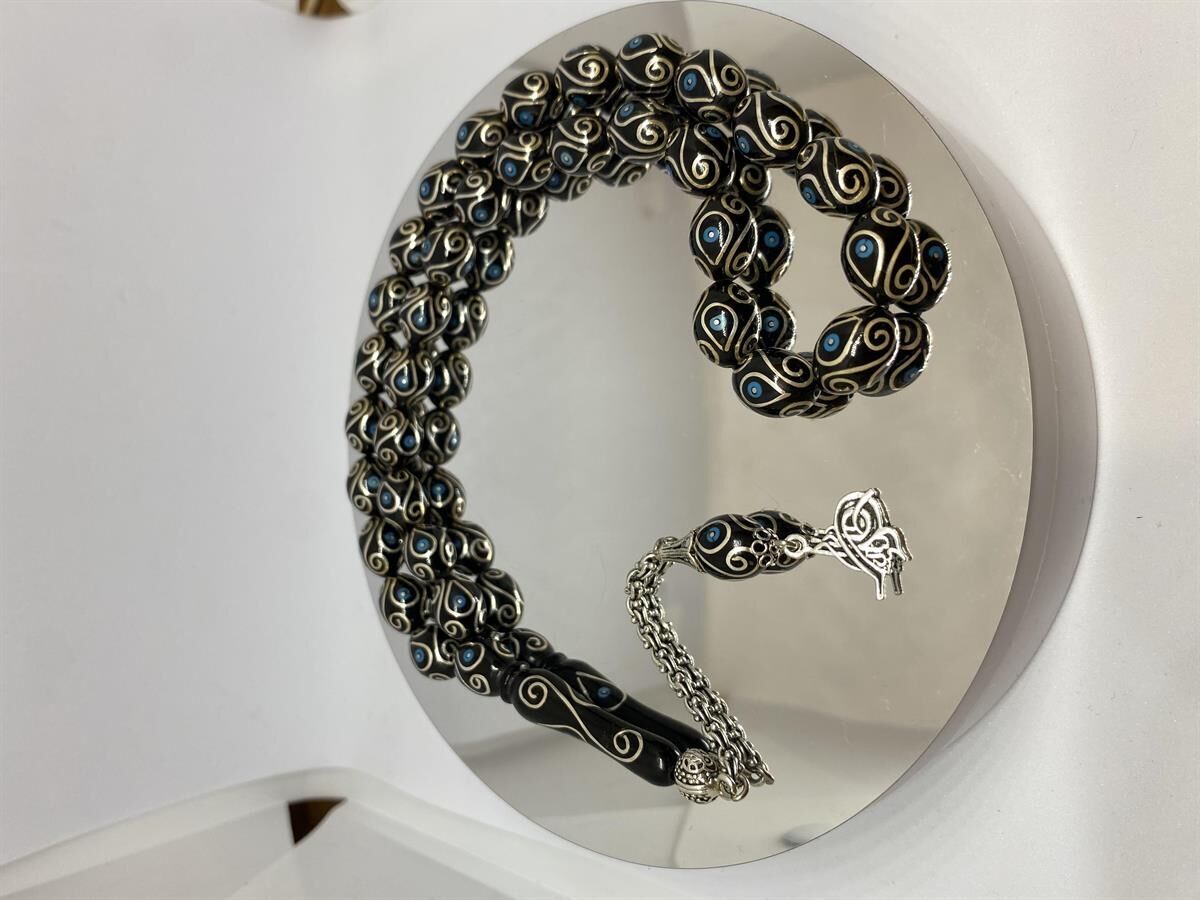 Tesbih TSBH0117BC 925 Ayar Gümüş Püsküllü Gümüş-Firuze İşlemeli Beyzi Kesim Usta El İşçilikli Erzurum Oltu Tesbih