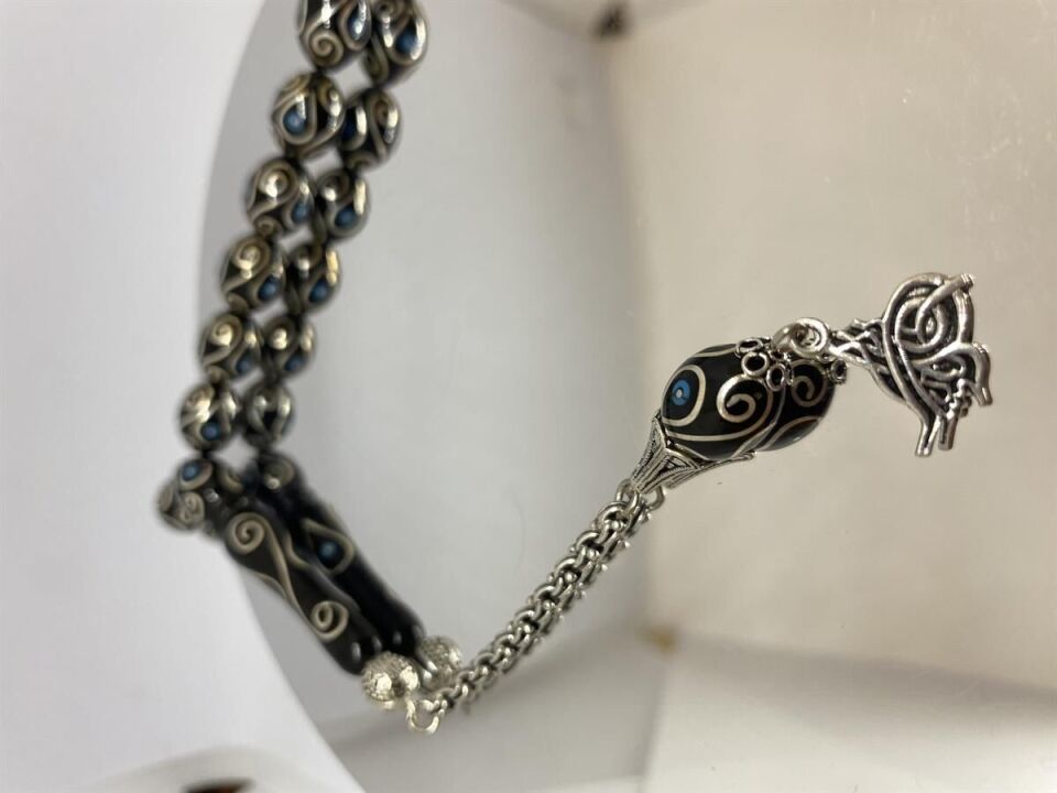 Tesbih TSBH0117BC 925 Ayar Gümüş Püsküllü Gümüş-Firuze İşlemeli Beyzi Kesim Usta El İşçilikli Erzurum Oltu Tesbih