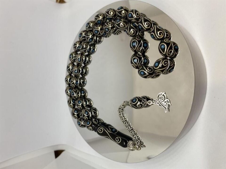 Tesbih TSBH0117BC 925 Ayar Gümüş Püsküllü Gümüş-Firuze İşlemeli Beyzi Kesim Usta El İşçilikli Erzurum Oltu Tesbih