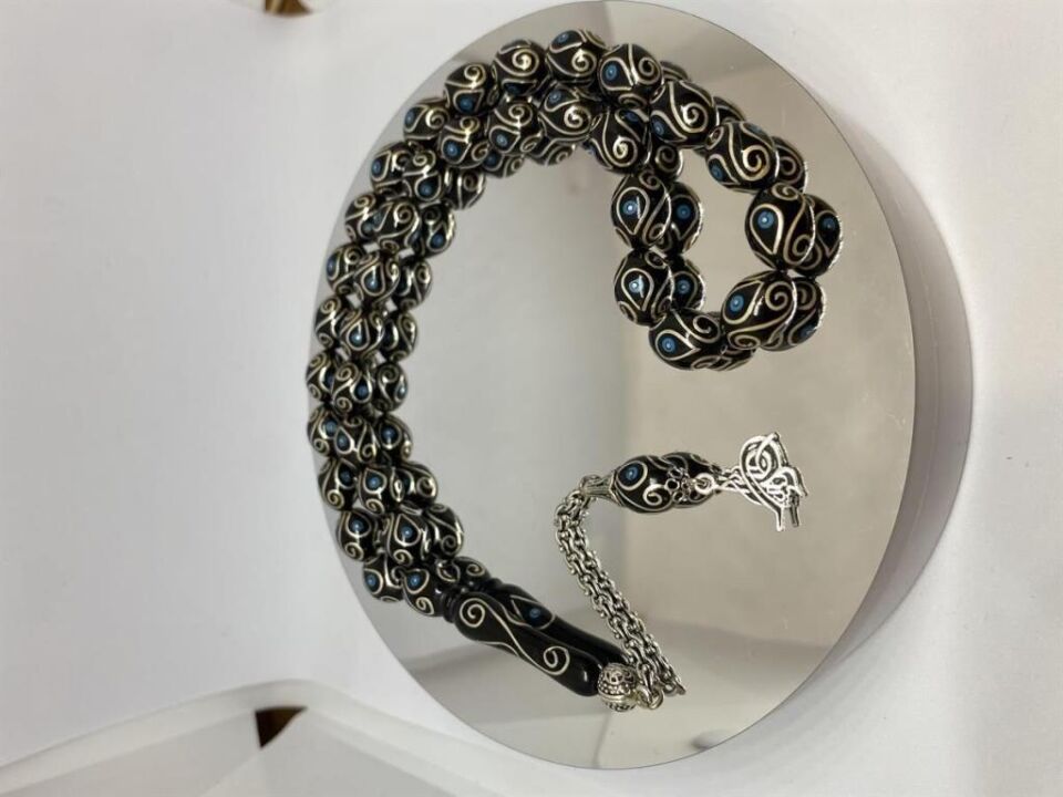 Tesbih TSBH0117BC 925 Ayar Gümüş Püsküllü Gümüş-Firuze İşlemeli Beyzi Kesim Usta El İşçilikli Erzurum Oltu Tesbih