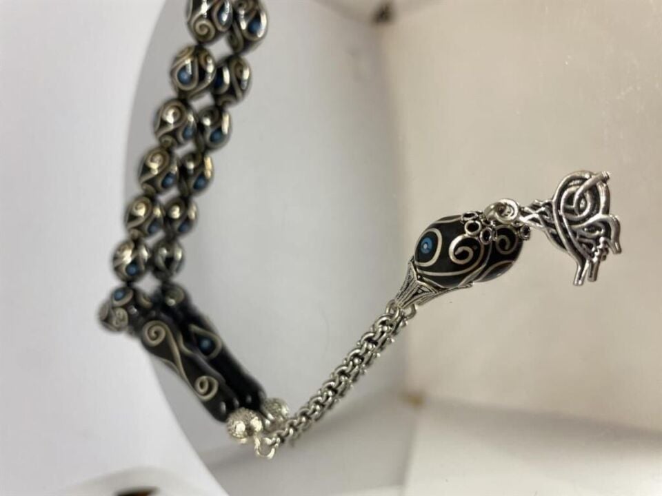 Tesbih TSBH0117BC 925 Ayar Gümüş Püsküllü Gümüş-Firuze İşlemeli Beyzi Kesim Usta El İşçilikli Erzurum Oltu Tesbih