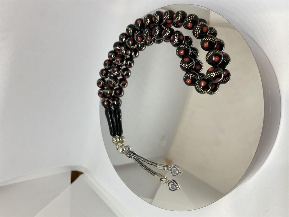 Tesbih TSBH0110BC 925 Ayar Gümüş Püsküllü Gümüş-Mercan İşlemeli Küre Kesim Usta El İşçilikli Erzurum Oltu Tesbih