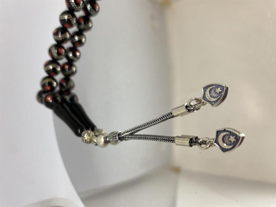 Tesbih TSBH0110BC 925 Ayar Gümüş Püsküllü Gümüş-Mercan İşlemeli Küre Kesim Usta El İşçilikli Erzurum Oltu Tesbih