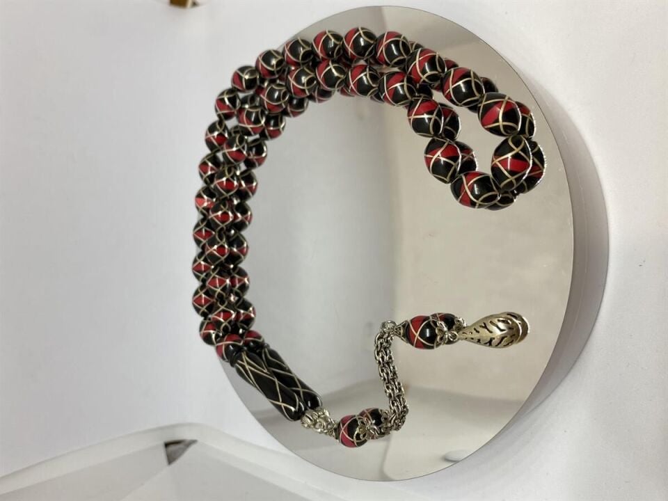 Tesbih TSBH00106BC 925 Ayar Gümüş Püsküllü Gümüş-Mercan İşlemeli Beyzi Kesim Usta El İşçilikli Erzurum Oltu Tesbih