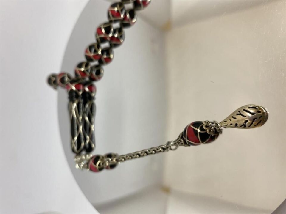 Tesbih TSBH00106BC 925 Ayar Gümüş Püsküllü Gümüş-Mercan İşlemeli Beyzi Kesim Usta El İşçilikli Erzurum Oltu Tesbih