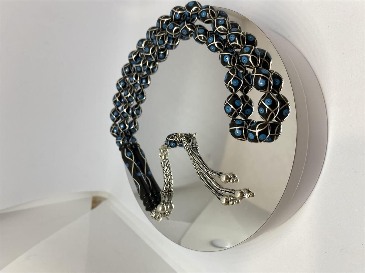 Tesbih TSBH0118BC 925 Ayar Gümüş Püsküllü Gümüş-Firuze İşlemeli Beyzi Kesim Usta El İşçilikli Erzurum Oltu Tesbih