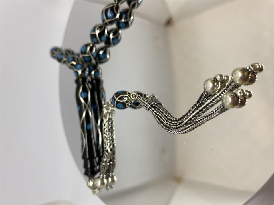 Tesbih TSBH0118BC 925 Ayar Gümüş Püsküllü Gümüş-Firuze İşlemeli Beyzi Kesim Usta El İşçilikli Erzurum Oltu Tesbih