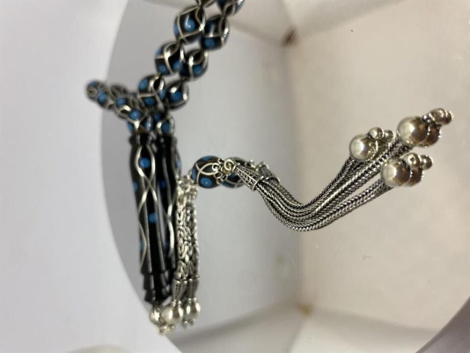 Tesbih TSBH0118BC 925 Ayar Gümüş Püsküllü Gümüş-Firuze İşlemeli Beyzi Kesim Usta El İşçilikli Erzurum Oltu Tesbih