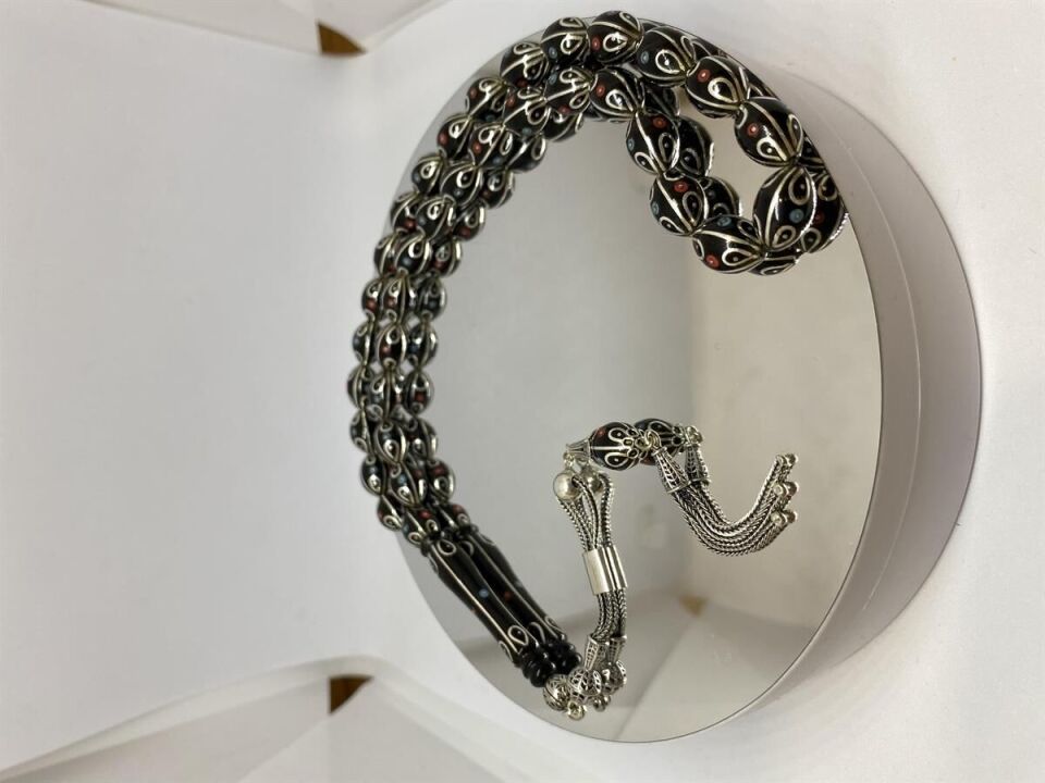 Tesbih TSBH0121BC 925 Ayar Gümüş Püsküllü Gümüş-Firuze-Mercan İşlemeli Beyzi Kesim Usta El İşçilikli Erzurum Oltu Tesbih