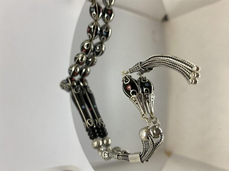 Tesbih TSBH0121BC 925 Ayar Gümüş Püsküllü Gümüş-Firuze-Mercan İşlemeli Beyzi Kesim Usta El İşçilikli Erzurum Oltu Tesbih