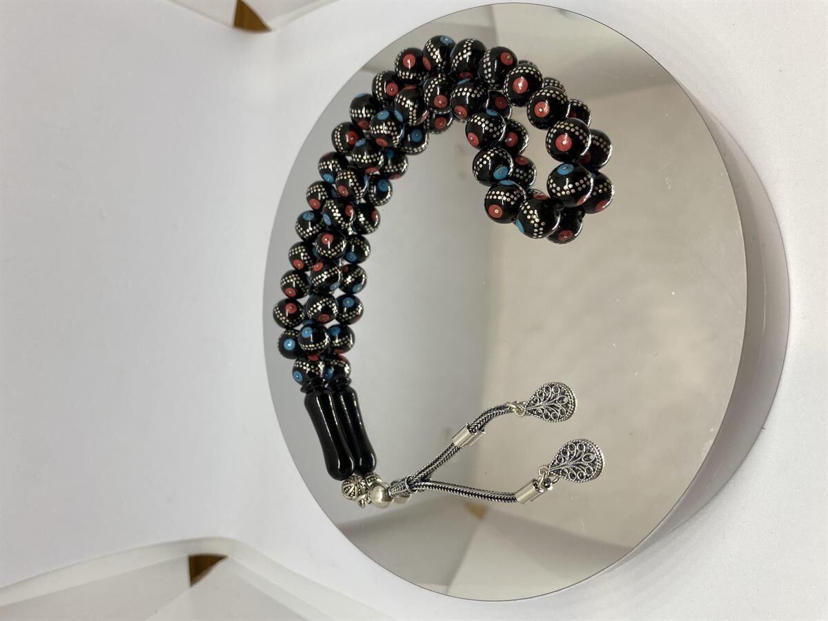 Tesbih TSBH0122BC 925 Ayar Gümüş Püsküllü Gümüş-Firuze-Mercan İşlemeli Küre Kesim Usta El İşçilikli Erzurum Oltu Tesbih