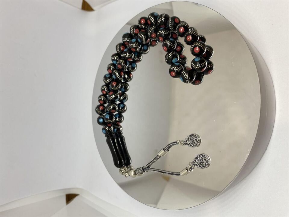 Tesbih TSBH0122BC 925 Ayar Gümüş Püsküllü Gümüş-Firuze-Mercan İşlemeli Küre Kesim Usta El İşçilikli Erzurum Oltu Tesbih