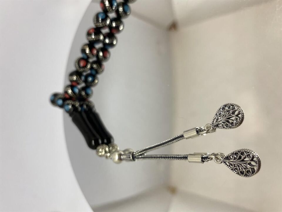 Tesbih TSBH0122BC 925 Ayar Gümüş Püsküllü Gümüş-Firuze-Mercan İşlemeli Küre Kesim Usta El İşçilikli Erzurum Oltu Tesbih