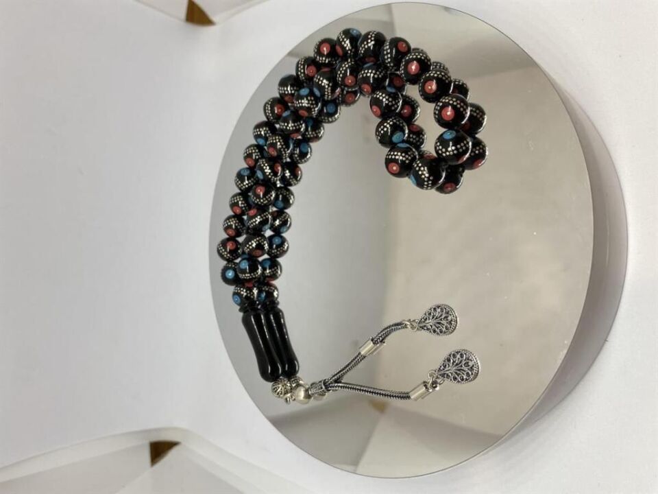 Tesbih TSBH0122BC 925 Ayar Gümüş Püsküllü Gümüş-Firuze-Mercan İşlemeli Küre Kesim Usta El İşçilikli Erzurum Oltu Tesbih