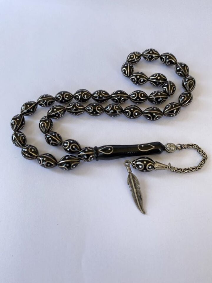 Tesbih TSBH0131BC 925 Ayar Gümüş Püsküllü Gümüş İşlemeli Beyzi Kesim Usta El İşçilikli Erzurum Oltu Tesbih