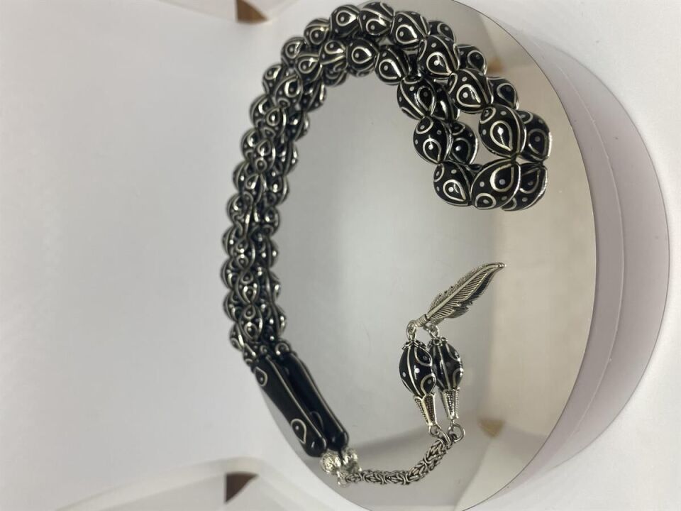 Tesbih TSBH0131BC 925 Ayar Gümüş Püsküllü Gümüş İşlemeli Beyzi Kesim Usta El İşçilikli Erzurum Oltu Tesbih