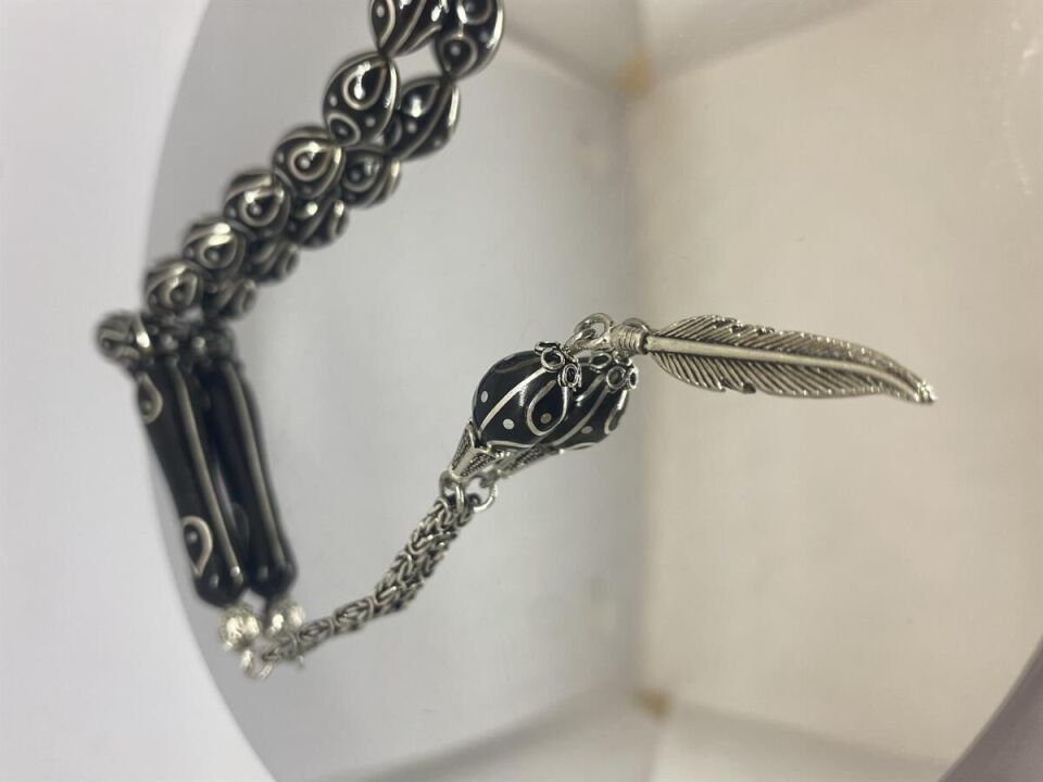 Tesbih TSBH0131BC 925 Ayar Gümüş Püsküllü Gümüş İşlemeli Beyzi Kesim Usta El İşçilikli Erzurum Oltu Tesbih