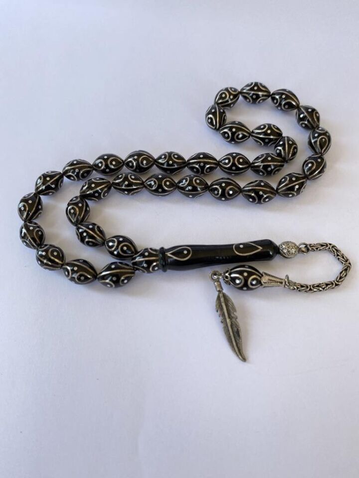 Tesbih TSBH0131BC 925 Ayar Gümüş Püsküllü Gümüş İşlemeli Beyzi Kesim Usta El İşçilikli Erzurum Oltu Tesbih