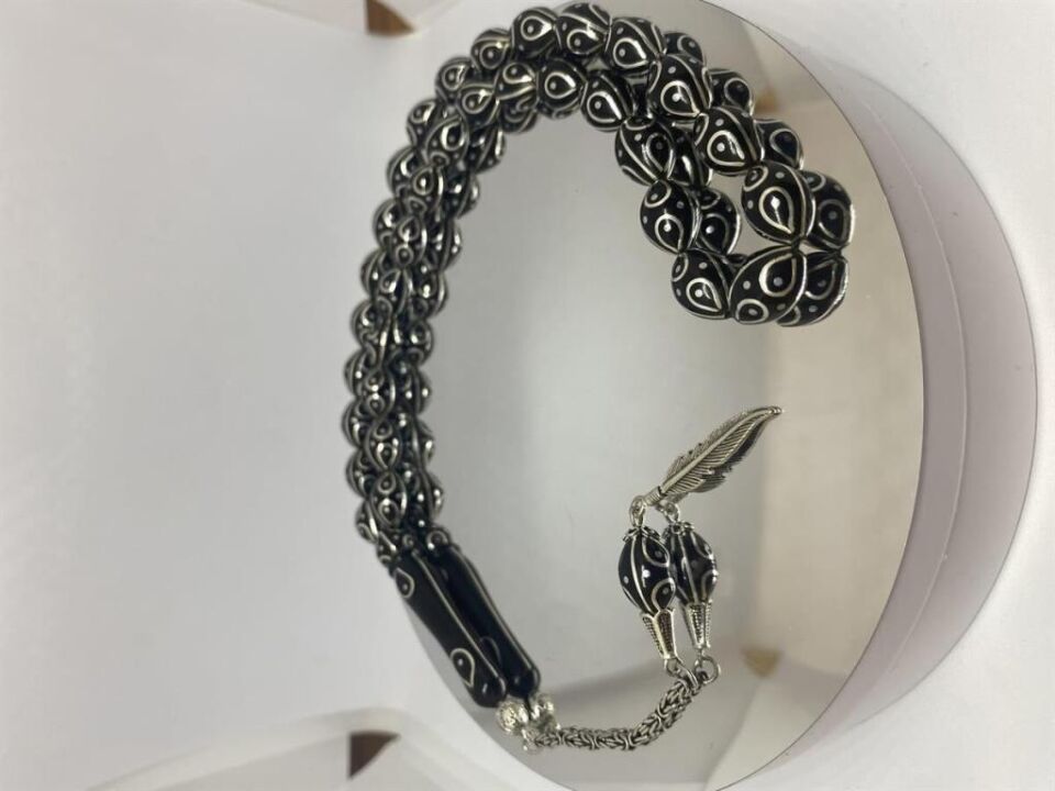 Tesbih TSBH0131BC 925 Ayar Gümüş Püsküllü Gümüş İşlemeli Beyzi Kesim Usta El İşçilikli Erzurum Oltu Tesbih