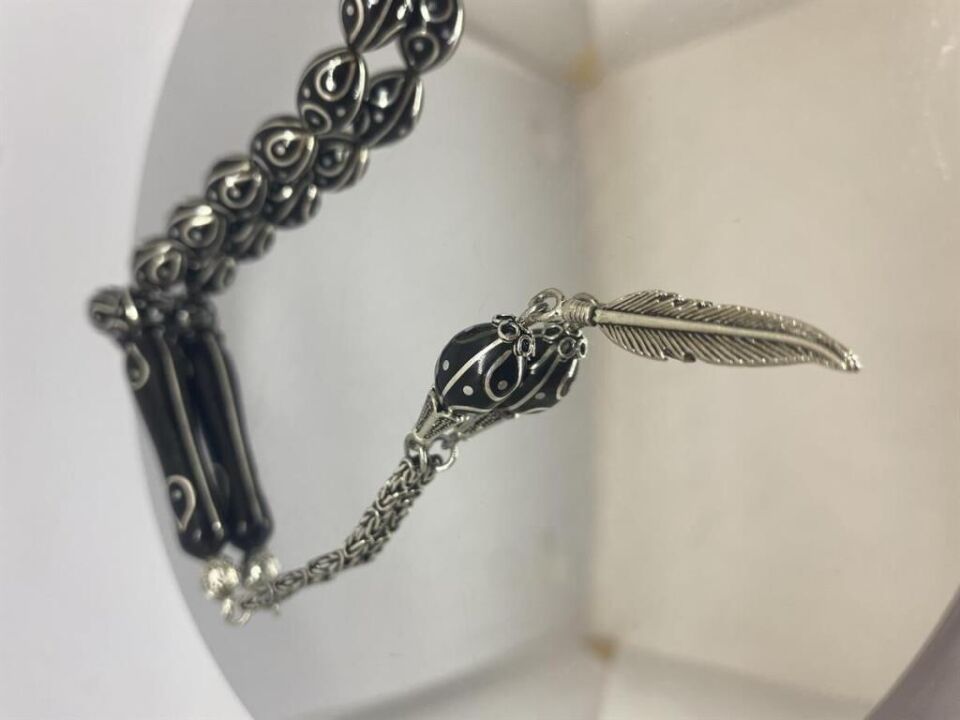 Tesbih TSBH0131BC 925 Ayar Gümüş Püsküllü Gümüş İşlemeli Beyzi Kesim Usta El İşçilikli Erzurum Oltu Tesbih