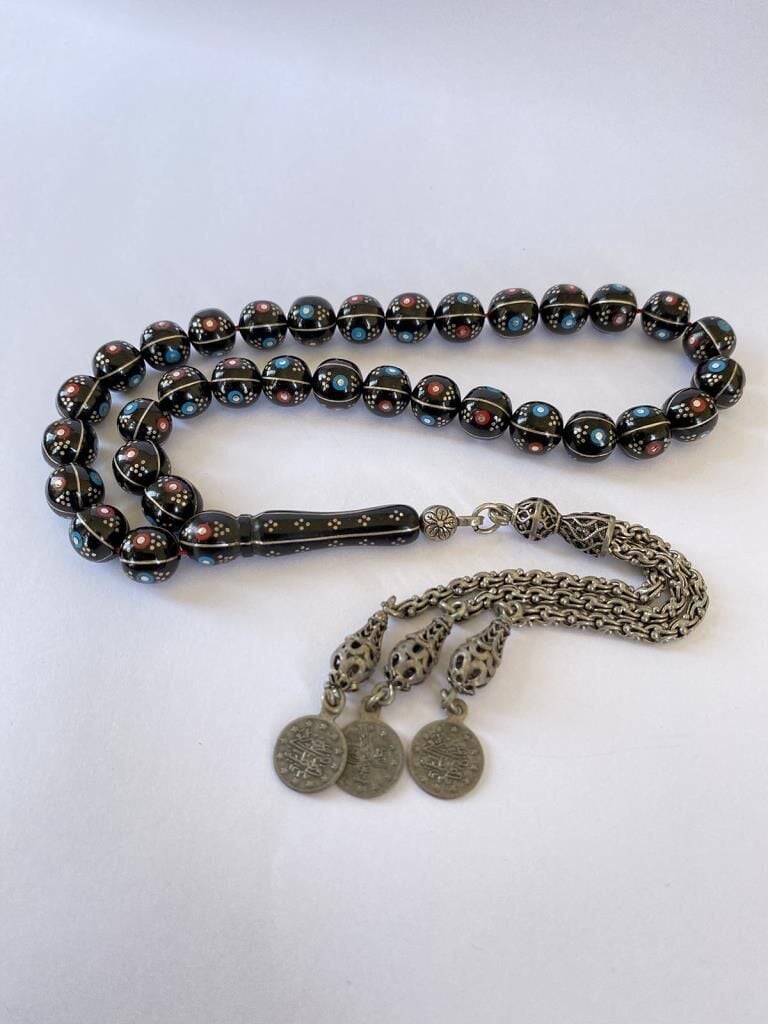 Tesbih TSBH0012AH 925 Ayar Gümüş Püsküllü Küre Kesim Gümüş-Firuze-Mercan Erzurum Oltu Tesbih