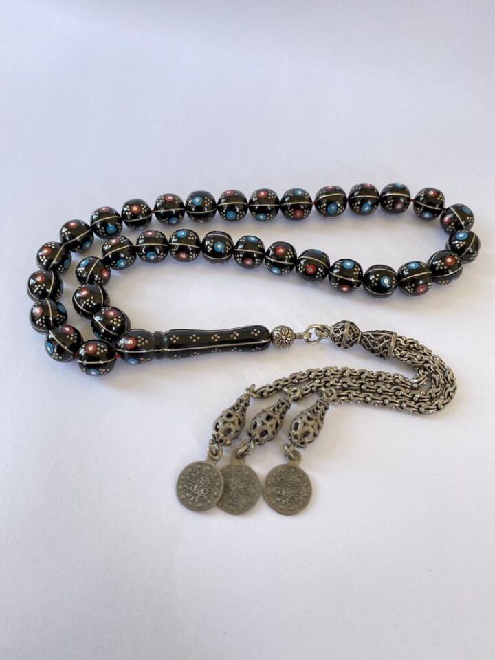 Tesbih TSBH0012AH 925 Ayar Gümüş Püsküllü Küre Kesim Gümüş-Firuze-Mercan Erzurum Oltu Tesbih