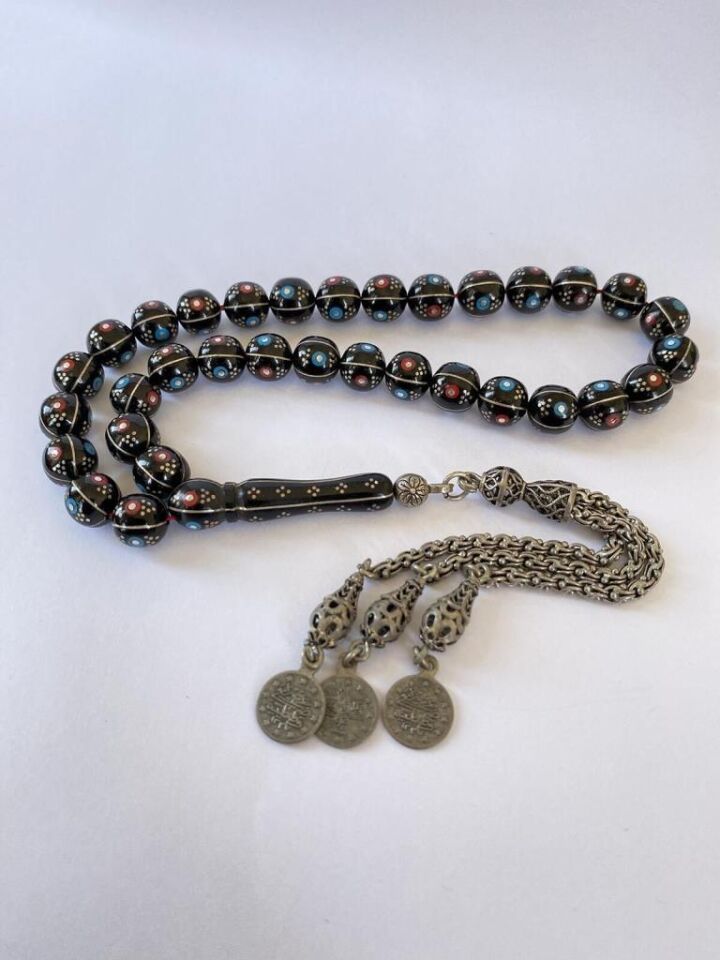 Tesbih TSBH0012AH 925 Ayar Gümüş Püsküllü Küre Kesim Gümüş-Firuze-Mercan Erzurum Oltu Tesbih