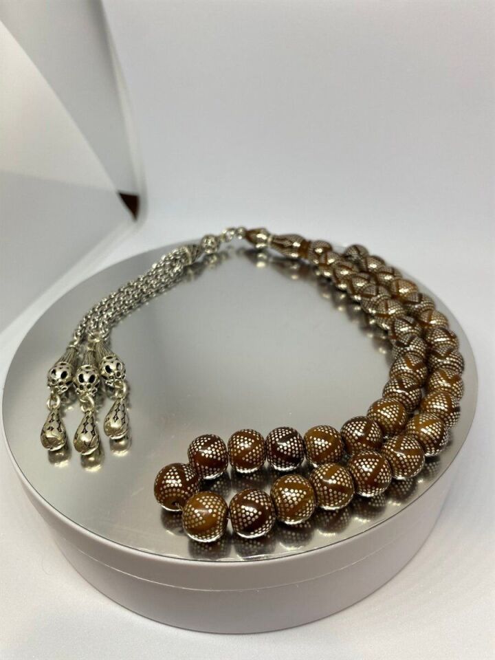 Tesbih TSBH0032AH 925 Ayar Gümüş Püsküllü Gümüş İmamesi Nakkaş İşlemeli  Küre Kesim Usta El İşçilikli Kuka Tesbih