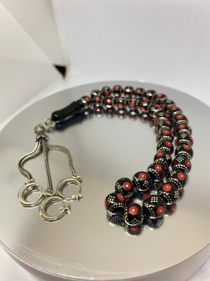 Tesbih TSBH0028AH 925 Ayar Gümüş Püsküllü Gümüş-Mercan İşlemeli Küre Kesim Usta El İşçilikli Erzurum Oltu Tesbih