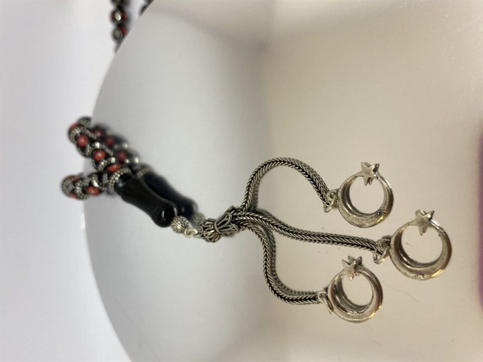 Tesbih TSBH0028AH 925 Ayar Gümüş Püsküllü Gümüş-Mercan İşlemeli Küre Kesim Usta El İşçilikli Erzurum Oltu Tesbih