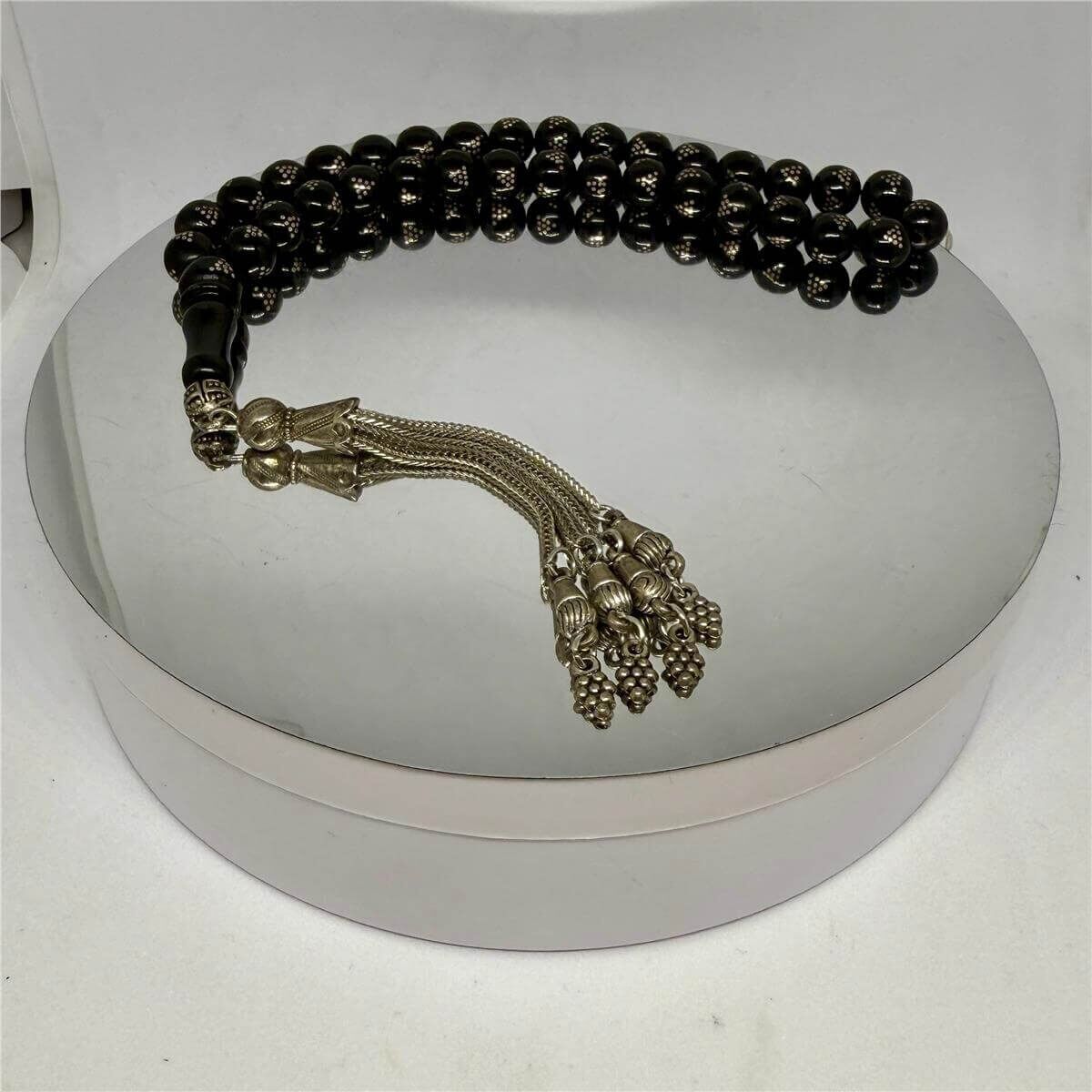 Tesbih TSBH0207HK Kararmaz Metal Püsküllü Pirinç İşlemeli Küre Kesim Rus Oltu Tesbih