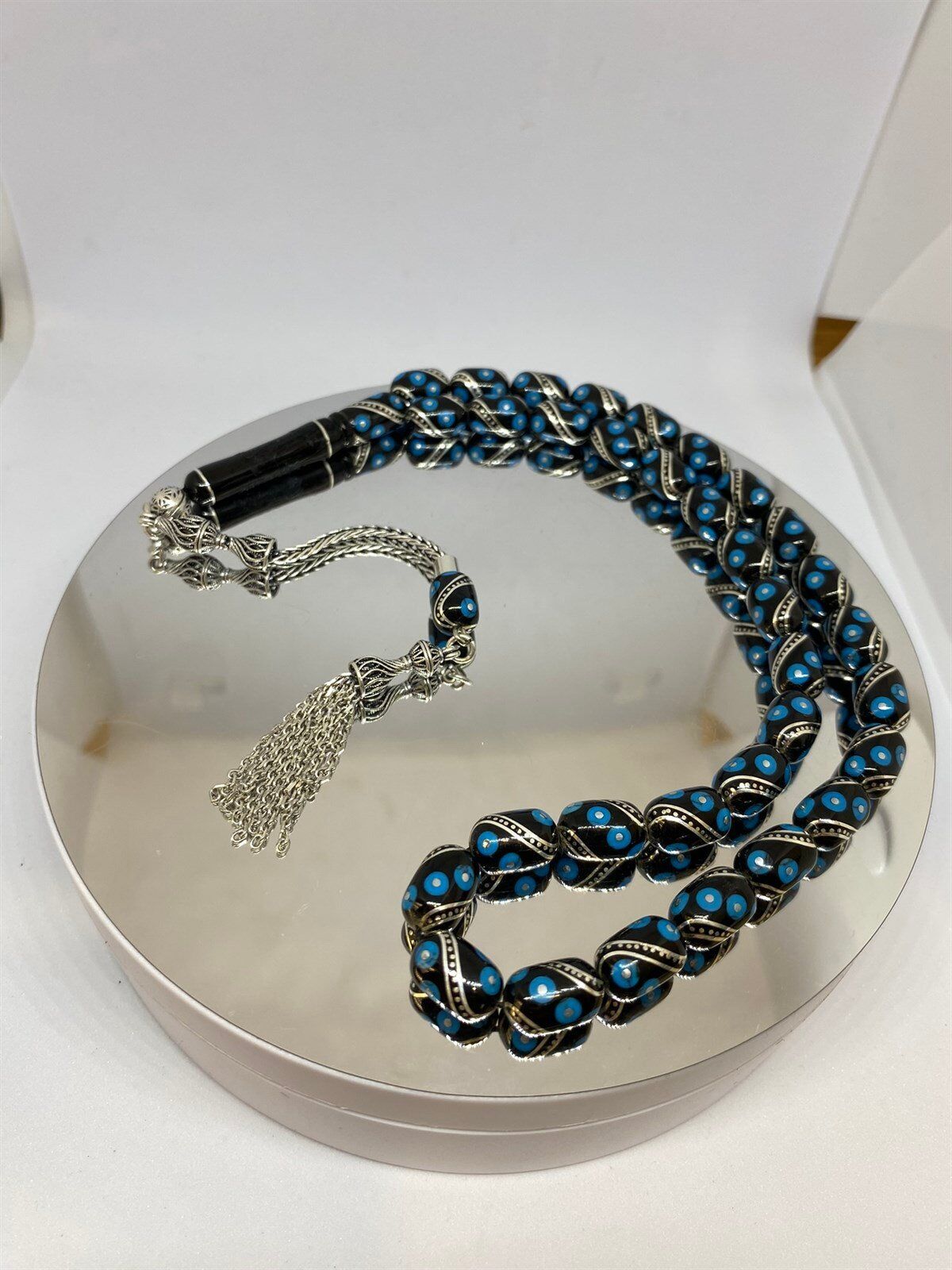 Tesbih TSBH0139HK 925 Ayar Gümüş Püsküllü Gümüş- Firuze İşlemeli Kapsül Kesim Usta El İşçilikli Erzurum Oltu Tesbih