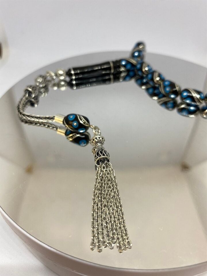 Tesbih TSBH0139HK 925 Ayar Gümüş Püsküllü Gümüş- Firuze İşlemeli Kapsül Kesim Usta El İşçilikli Erzurum Oltu Tesbih