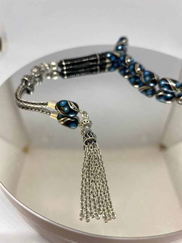 Tesbih TSBH0139HK 925 Ayar Gümüş Püsküllü Gümüş- Firuze İşlemeli Kapsül Kesim Usta El İşçilikli Erzurum Oltu Tesbih