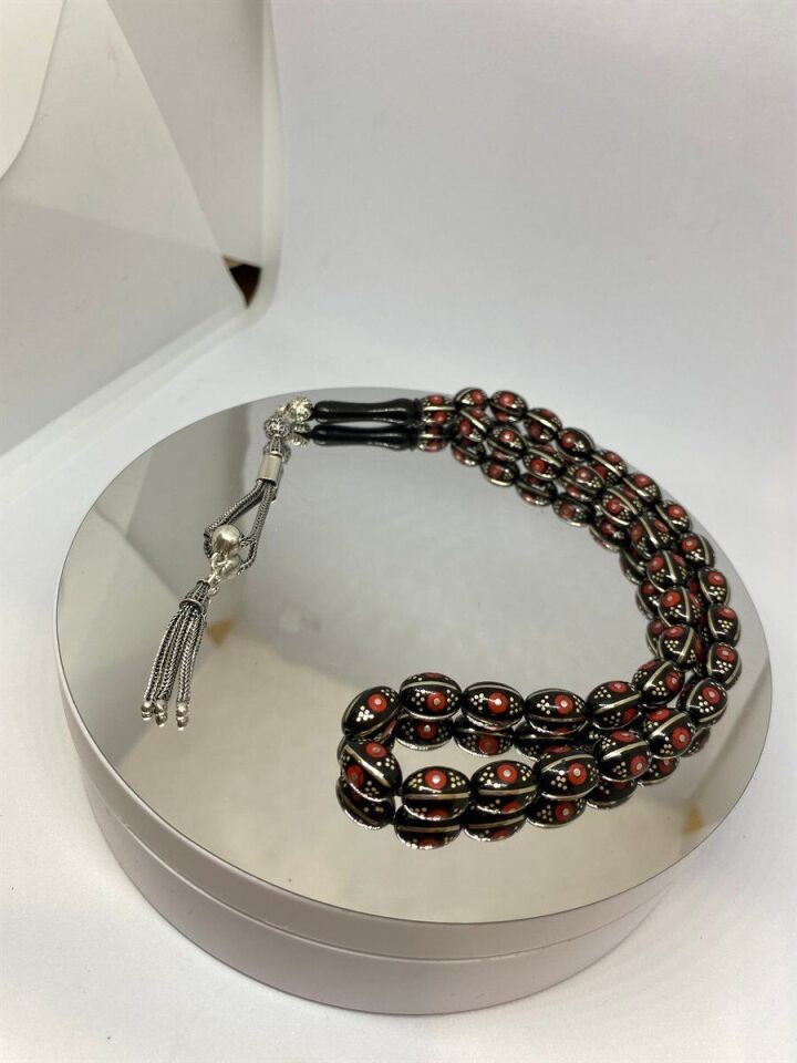 Tesbih TSBH0149HK 925 Ayar Gümüş Püsküllü Gümüş-Mercan İşlemeli Beyzi Kesim Usta El İşçilikli Erzurum Oltu Tesbih