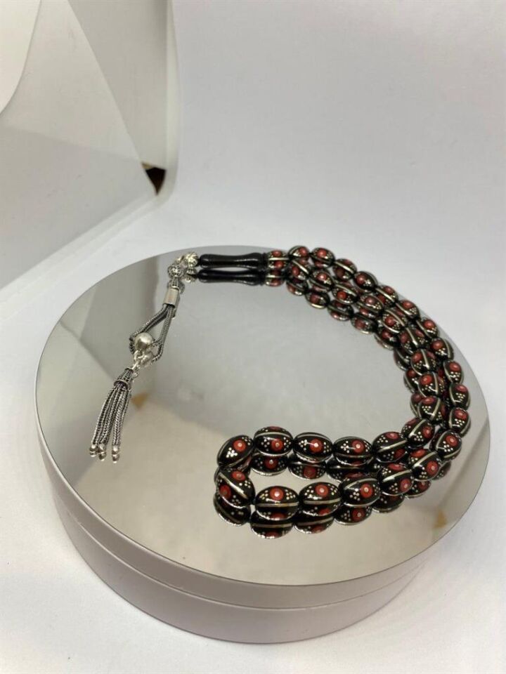 Tesbih TSBH0149HK 925 Ayar Gümüş Püsküllü Gümüş-Mercan İşlemeli Beyzi Kesim Usta El İşçilikli Erzurum Oltu Tesbih