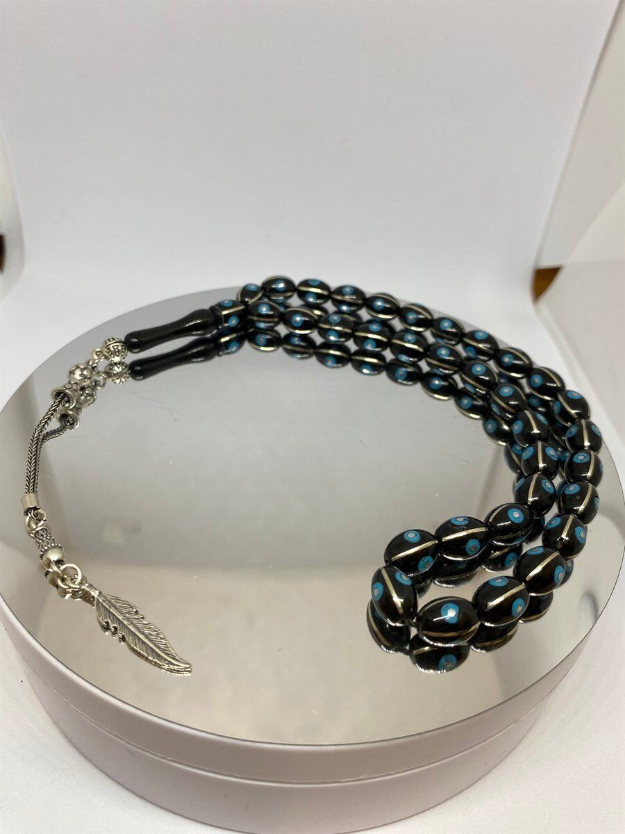 Tesbih TSBH0148HK 925 Ayar Gümüş Püsküllü Gümüş-Firuze İşlemeli Beyzi Kesim Usta El İşçilikli Erzurum Oltu Tesbih