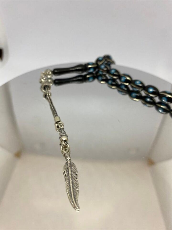 Tesbih TSBH0148HK 925 Ayar Gümüş Püsküllü Gümüş-Firuze İşlemeli Beyzi Kesim Usta El İşçilikli Erzurum Oltu Tesbih