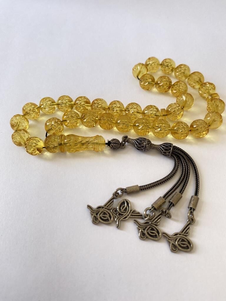 Tesbih TSBH0038AH 925 Ayar Gümüş Püsküllü  Faseta Kesim Usta El İşçilikli Ukrayna Su Damla  Kehribar Tesbih