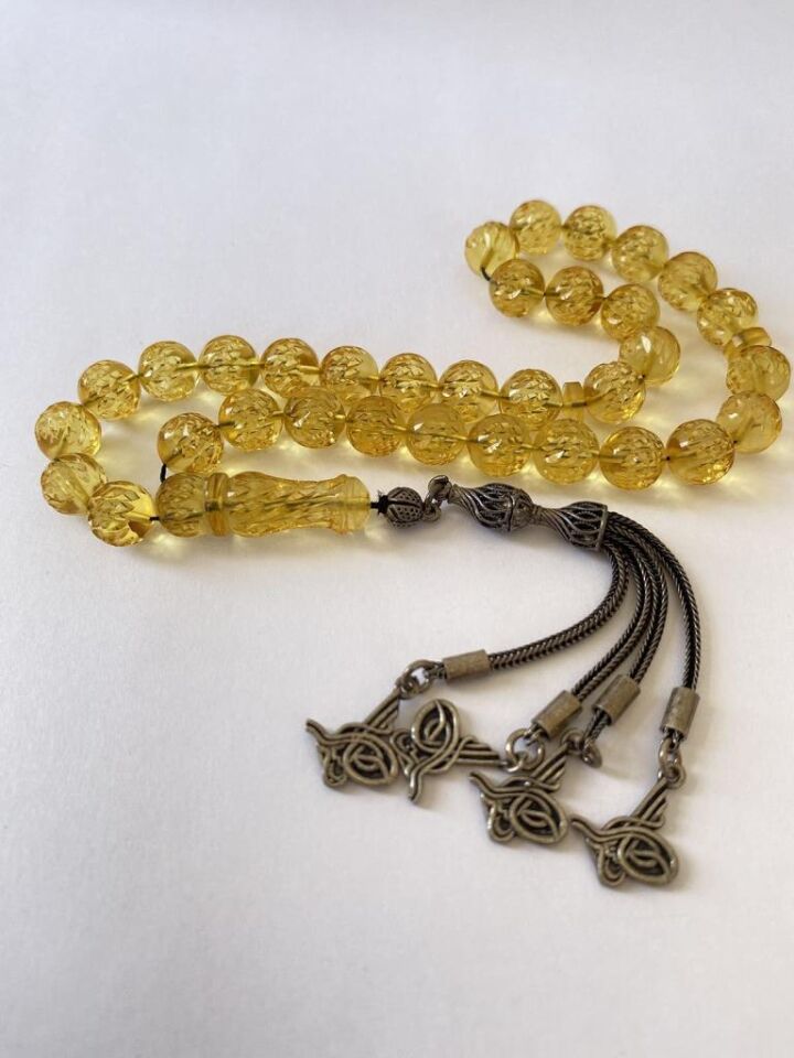 Tesbih TSBH0038AH 925 Ayar Gümüş Püsküllü  Faseta Kesim Usta El İşçilikli Ukrayna Su Damla  Kehribar Tesbih