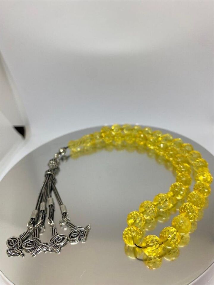 Tesbih TSBH0038AH 925 Ayar Gümüş Püsküllü  Faseta Kesim Usta El İşçilikli Ukrayna Su Damla  Kehribar Tesbih