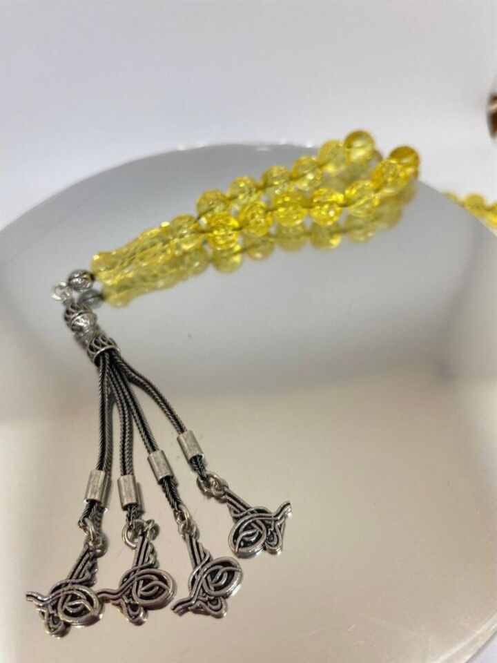 Tesbih TSBH0038AH 925 Ayar Gümüş Püsküllü  Faseta Kesim Usta El İşçilikli Ukrayna Su Damla  Kehribar Tesbih