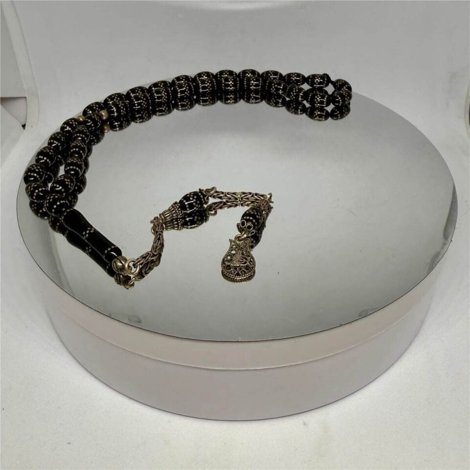 Tesbih TSBH0188HK 925 Ayar Gümüş Püsküllü Gümüş İşlemeli Beyzi Kesim Erzurum Oltu Tesbih