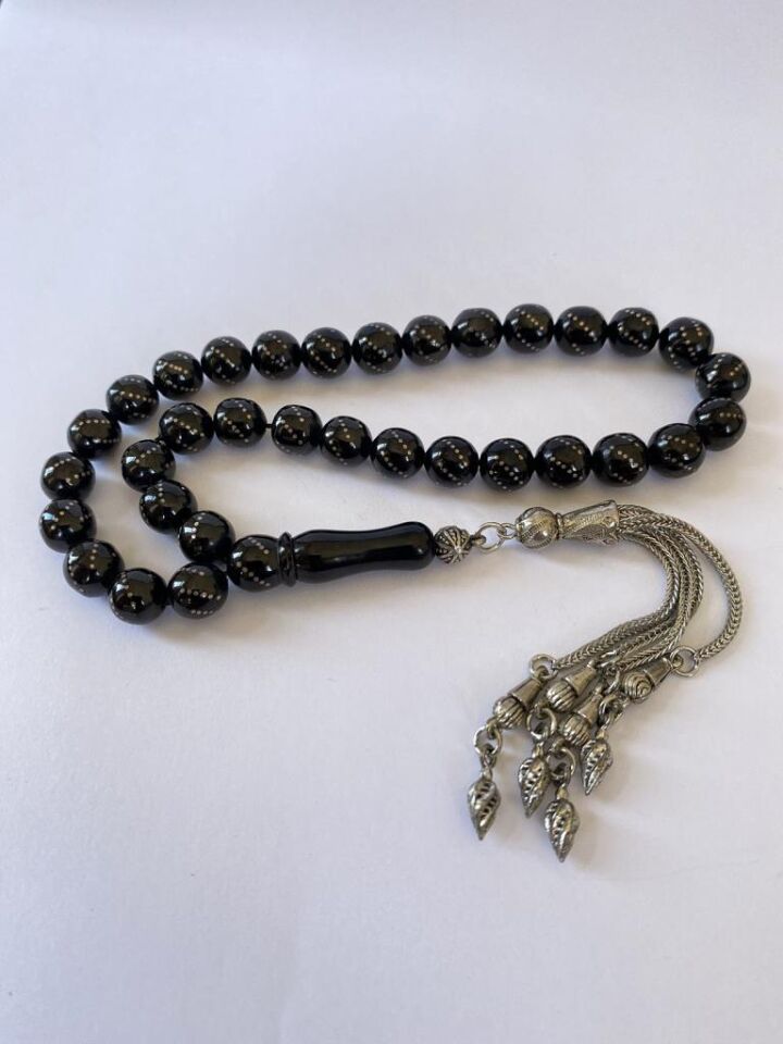 Tesbih TSBH0185HK 925 Ayar Gümüş Püsküllü Gümüş İşlemeli Karpuz Kapsül Beyzi Kesim Erzurum Oltu Tesbih