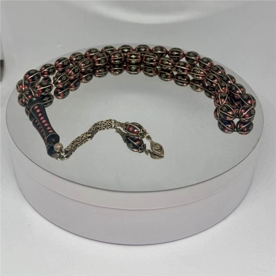 Tesbih TSBH0222BC 925 Ayar Gümüş Püsküllü Gümüş-Mercan İşlemeli Beyzi Kesim Usta El İşçilikli Erzurum Oltu Tesbih