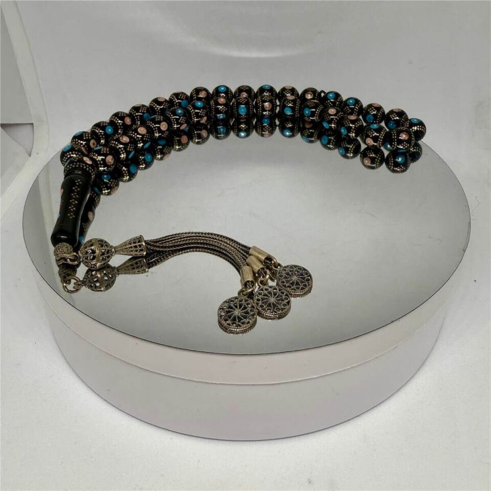 Tesbih TSBH0224BC 925 Ayar Gümüş Püsküllü Gümüş-Mercan İşlemeli Küre Kesim Usta El İşçilikli Erzurum Oltu Tesbih